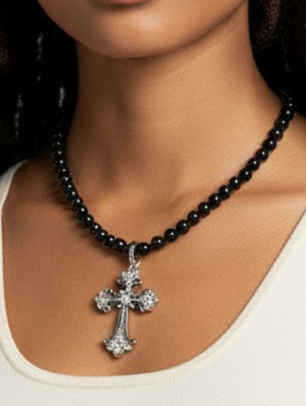 Black Beaded Maltese Cross Necklace Dark Academia Baroque Glam Gothic Grunge 90s